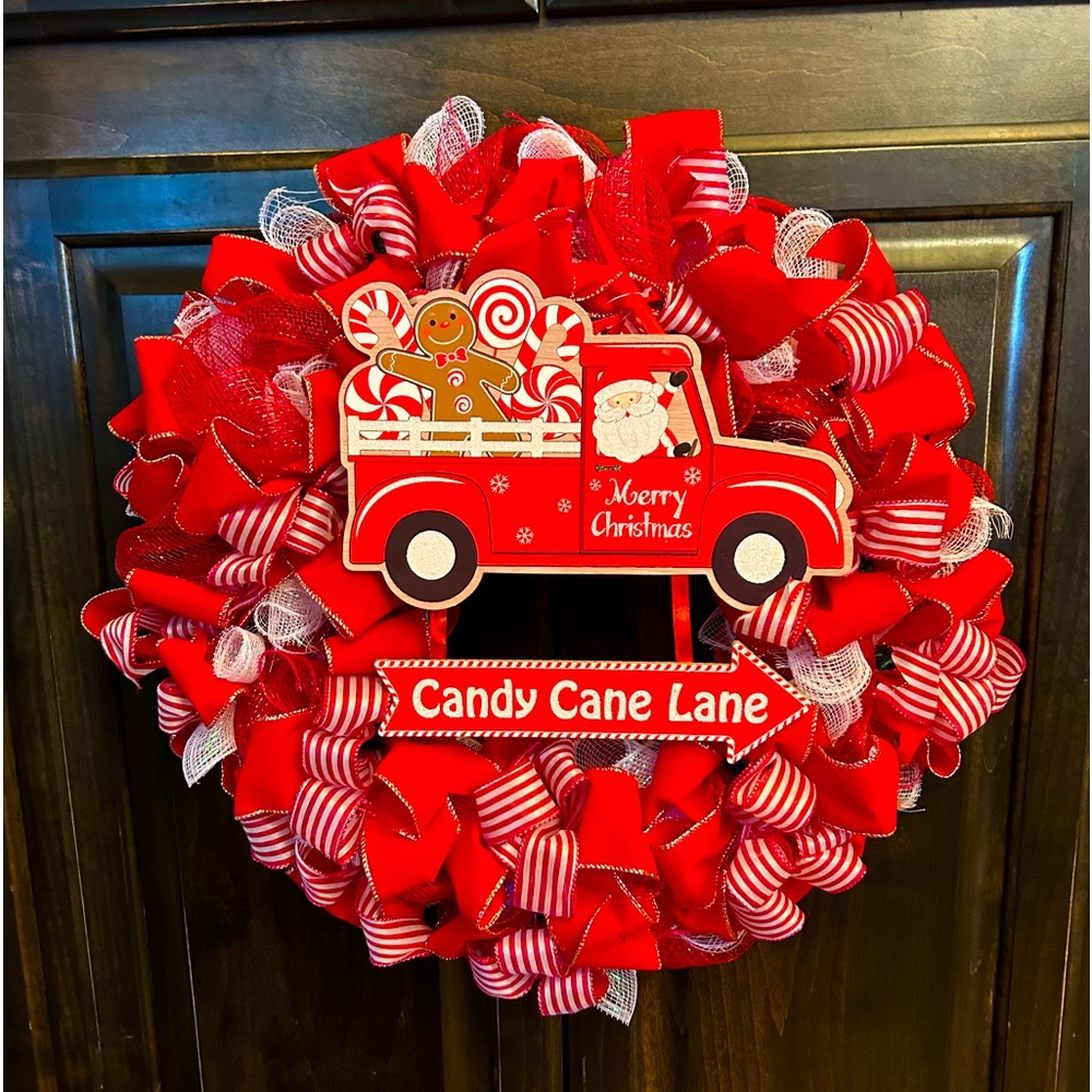 Hand made wreath. Candy cane theme.